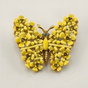 Vintage SAO Butterfly Brooch Yellow Enamel Floral Gold Tone Pin Jewelry